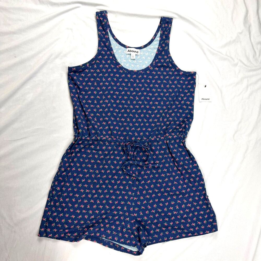 Abound NWT Blue Ditsy Floral Cotton Tank Romper with Drawstrings Size S